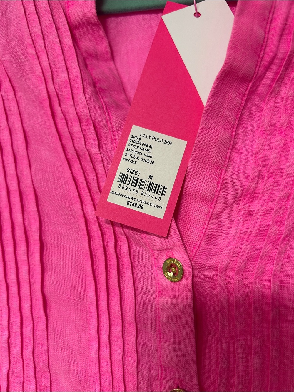 Lilly Pulitzer Hot Pink linen Sarasota Pintuck Button Tunic - Picture 3 of 6